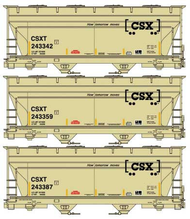 Accurail 8179 HO ACF 2-Bay Covered Hopper 3-Pack - Kit -- CSX #243342, 243359, 243387 (tan, black, Boxcar Logo, How Tomorrow Moves)