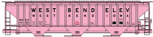 Accurail HO Pullman-Standard 4750 3-Bay Covered Hopper - Kit -- West Bend Elevator RREX #4293 (pink, black)