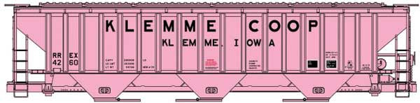 Accurail HO Pullman-Standard 4750 3-Bay Covered Hopper - Kit -- Klemme COOP RREX #4260 (pink, black)