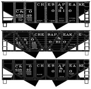 Accurail HO USRA 55-Ton, Wood, Panel-Side 2-Bay Hopper Set - Kit -- Chesapeake & Ohio #65249, 54736, 63897 (black)