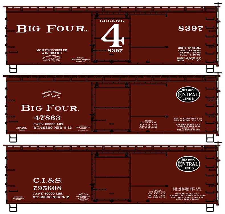Accurail HO 36' Double-Sheathed Wood Boxcar, Steel Roof, Wood Ends 3-Pack - Kit -- Big Four CCC&StL #8397, 47863, Chicago, Indiana & Southern #795608