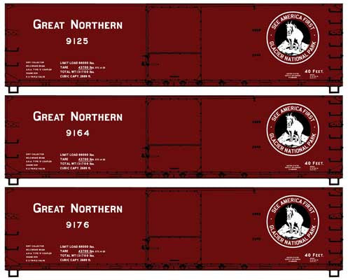 Accurail HO USRA 40' Double-Sheathed Wood Boxcar 3-Pack - Kit -- Great Northern #9125, 9164, 9176 (Boxcar Red, black, See America First Logo)