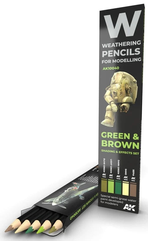 AK Interactive Weathering Pencils: Green & Brown Shading & Effects Set (5 Colors) - AKI10040