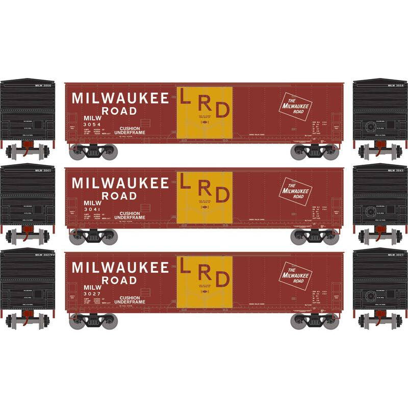 Athearn HO 50' Youngstown Plug Door Box Car, Milwaukee Road (MILW) #3027/3041/3054 (3)
