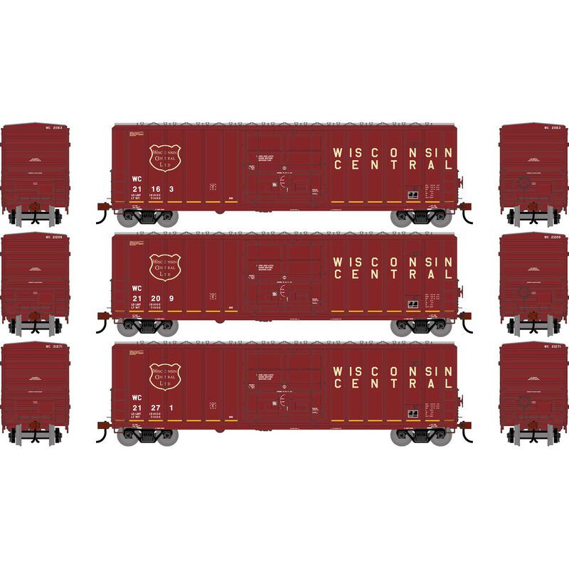 Athearn HO 50' FMC 5327 12' Plug Door Box Car, Wisconsin Central (WC) #21163/21209/21271 (3)