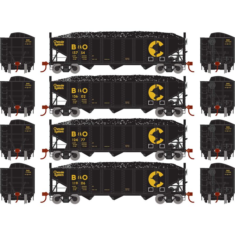 Athearn ATH15155 HO RTR 40' 3-Bay Ribbed Hopper w/Load, B&O (4) - ATH15155
