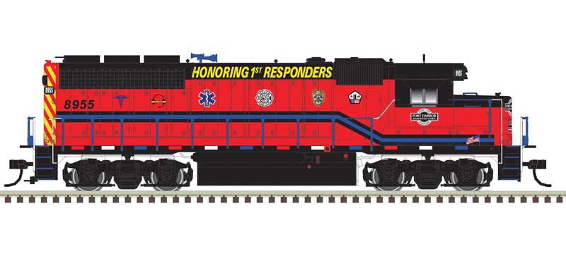 Atlas EMD GP40 with Ditch Lights - Standard DC - Master(R) Silver -- Port Harbor 8955 (1st Responders, red, white, blue, black) - ATL10004012