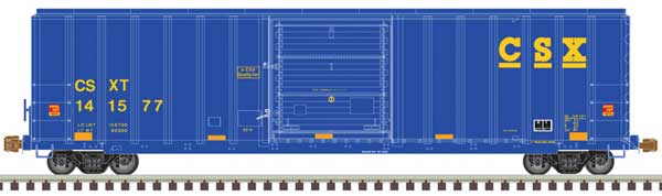 FMC 5077 Single-Door Boxcar - Ready to Run -- CSX 141539 (blue, yellow Conspicuity Stripes)