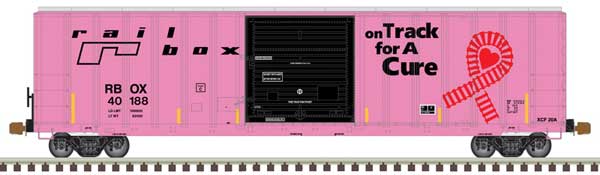 FMC 5077 Single-Door Boxcar - Ready to Run -- Railbox 40188 (pink, black, On Track for a Cure)