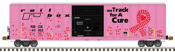 FMC 5077 Single-Door Boxcar - Ready to Run -- Railbox 40188 (pink, black, On Track for a Cure, Handprints)