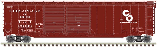 Atlas HO Postwar 50' Double-Door Boxcar - Ready to Run - Master(R) -- Chesapeake & Ohio 28199 (Boxcar Red, white)
