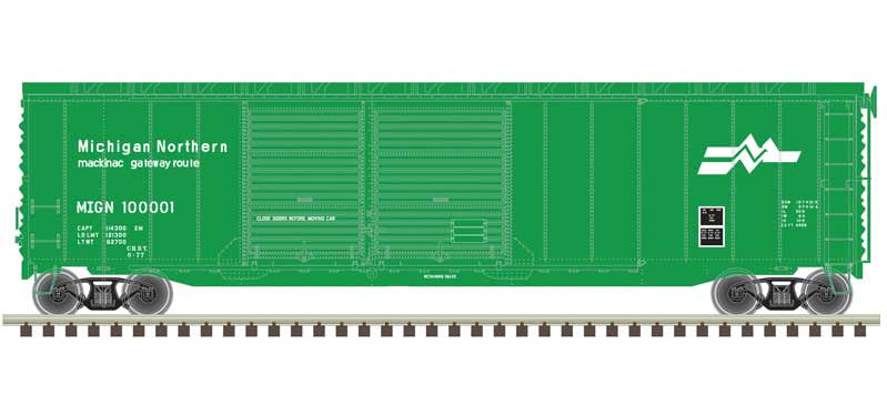 Atlas HO Postwar 50' Double-Door Boxcar - Ready to Run - Master(R) -- Michigan Northern 100002 (green, white)