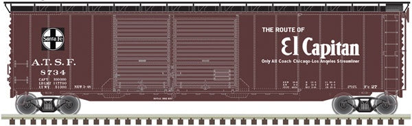 Atlas HO Postwar 50' Double-Door Boxcar - Ready to Run - Master(R) -- Santa Fe 8734 (Boxcar Red, black, white, El Capitan)