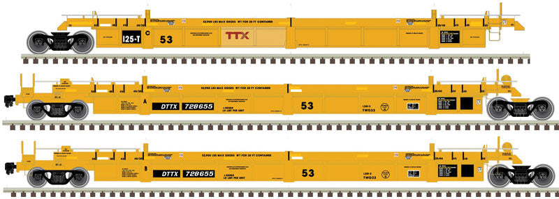 Atlas HO Thrall 53' 3-Unit Articulated Well Car - Ready to Run - Master(R) -- TTX 728475 (yellow, black, Small red Logo)