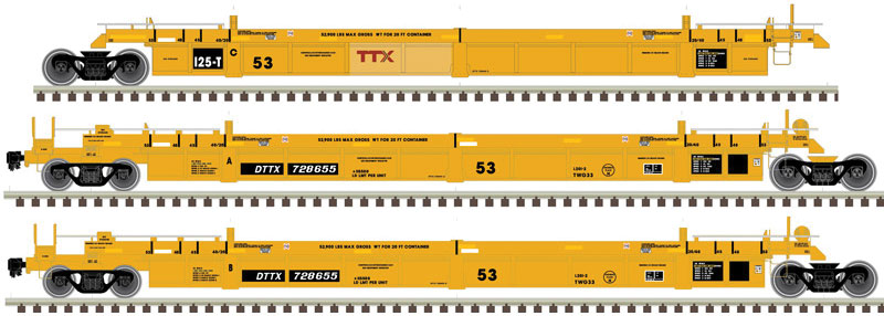 Atlas HO Thrall 53' 3-Unit Articulated Well Car - Ready to Run - Master(R) -- TTX 728655 (yellow, black, Small red Logo)
