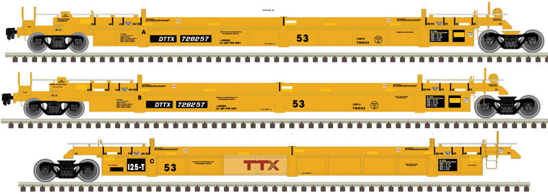 Atlas HO Thrall 53' 3-Unit Articulated Well Car - Ready to Run - Master(R) -- TTX 728257 (yellow, black, Large red Logo)