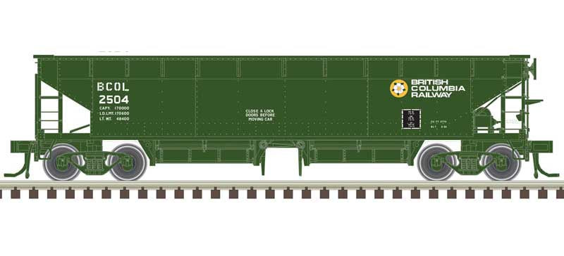 Atlas HO 70-Ton Hart Ballast Car 3-Pack - Ready to Run - Master(R) -- British Columbia Railway 2507, 2510, 2520 (green, white)
