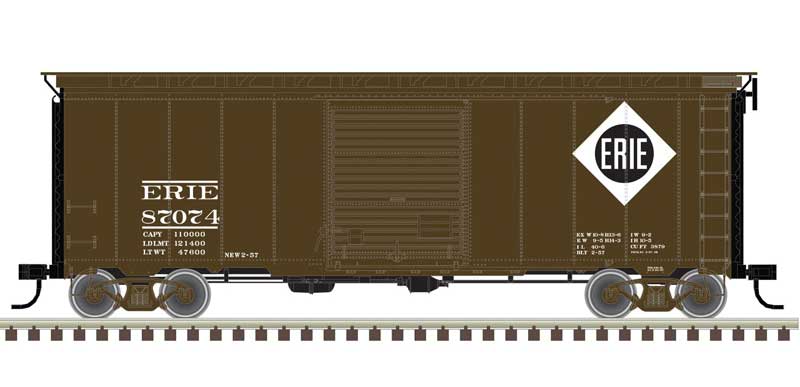 Atlas HO 40' Postwar Boxcar with 8' Door - Ready to Run - Master(R) -- Erie 87074 (Boxcar Red, white, black)