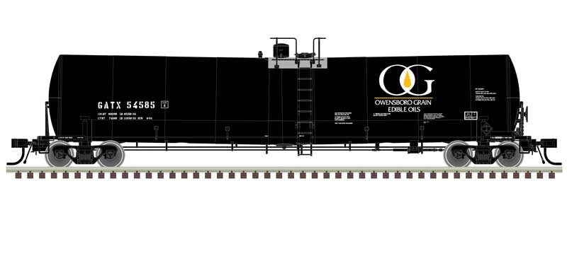 Atlas HO Trinity 25,500-Gallon Tank Car - Ready to Run - Master(R) -- Owensboro Grain GATX #54553 (black, white, yellow)