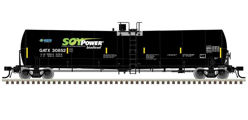Atlas HO Trinity 25,500-Gallon Tank Car 3-Pack - Ready to Run - Master(R) -- Soy Power Bio Fuels GATX #30839, 30844, 30852 (black, blue, green, white)