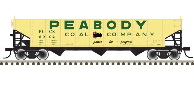 Atlas AAR 70-Ton 9-Panel 3-Bay Open Hopper, Arched Ends and Load - Ready to Run -- Peabody Coal Co. #6902 (yellow, red, green) - ATL20006917