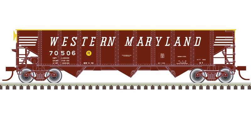 Atlas AAR 70-Ton 9-Panel 3-Bay Open Hopper, Standard Ends and Load - Ready to Run -- Western Maryland #71097 (Boxcar Red, yellow, white) - ATL20006925