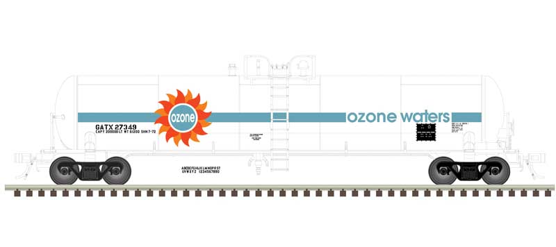 Atlas HO GATX 20,700-Gallon Tank Car - Ready to Run - Master(R) -- Ozone Waters GATX #27349 (white, blue, orange, black)