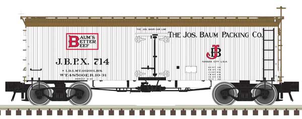 Atlas HO 36' Wood Reefer - Ready to Run - Master(R) -- Baum's Better Beef #715 (white, black, red)