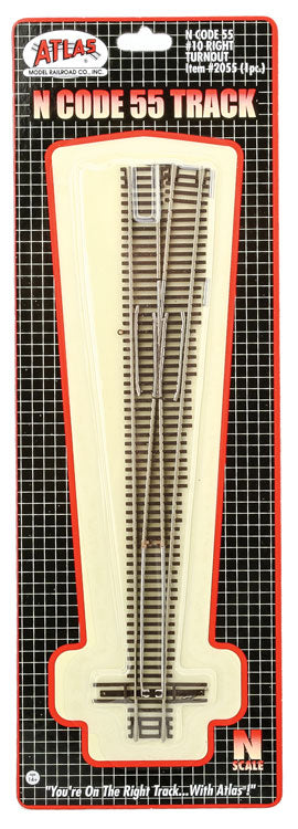 Atlas Code 55 Turnout, Nickel-Silver Rail, Brown Ties -- No.10 Right Hand - ATL2055