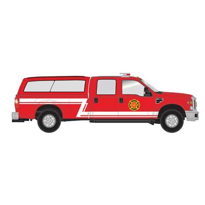 Atlas HO Ford(R) F-350 Crew-Cab Pickup Truck - Assembled -- Fire with Z-Stripe and Cap (red, white)
