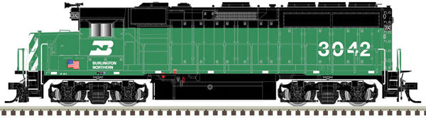 Atlas N EMD GP40-2 with Dynamic Brakes - Standard DC - Master Silver(R) -- Burlington Northern 3057 (Cascade Green, white, US Flag)