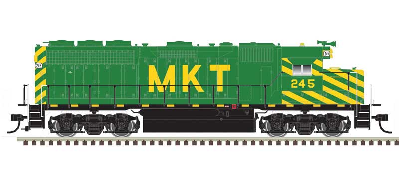 EMD Atlas N GP40 - Standard DC - Master(R) Silver -- Missouri-Kansas-Texas 245 (green, yellow)