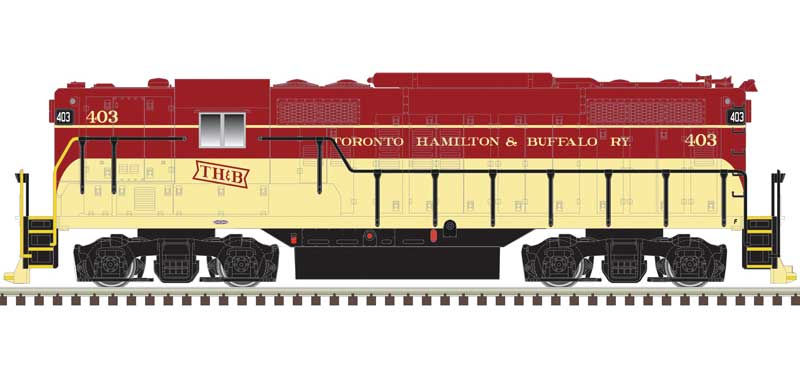 Atlas N EMD GP9 w/Torpedo Tubes - LokSound & DCC -- Toronto, Hamilton and Buffalo #403 (maroon, cream)
