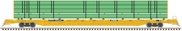 Atlas ACF 89' F89-J Flatcar with Deck Risers and Pipe Load - Ready to Run -- PTTX 602131 (2000s yellow, black, Conspicuity Stripes) - ATL50005527