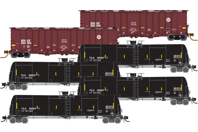 Atlas 4-TrinityRail 31,000-Gallon Crude Oil Tank, 2-4180 Airslide Buffer Car Set -- BNSF 808164, 808172; TILX 350327, 350322, 350351, 350364 - ATL50005825