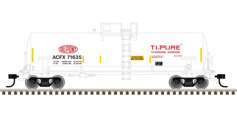 Atlas ACF 14,000-Gallon Kaolin Tank Car - Ready to Run -- Dupont 71619 (white, red, black, yellow conspicuity marks, TiPure) - ATL50006152