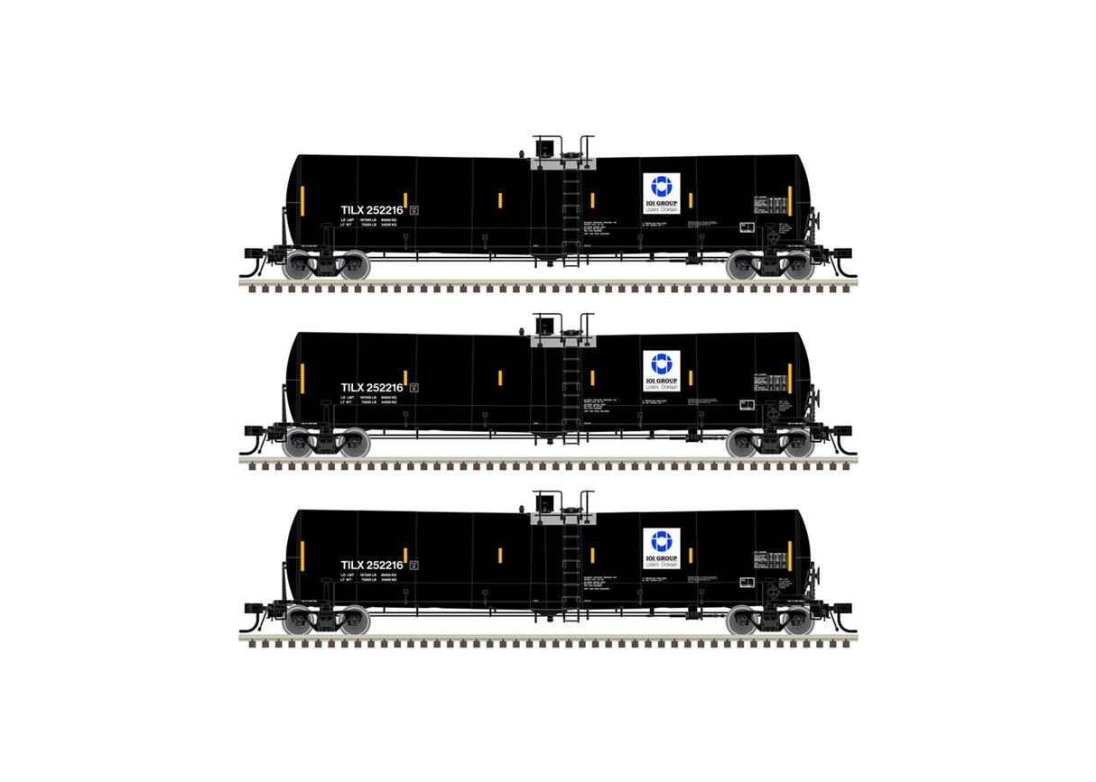 Atlas N Trinity 25,500-Gallon Tank Car 3-Pack - Ready to Run -- IOI Group TILX #252234, 252244, 252249 (black, white, blue)