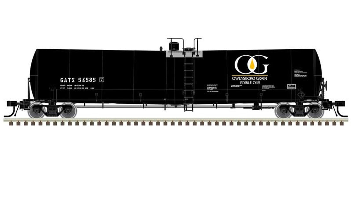 Atlas N Trinity 25,500-Gallon Tank Car - Ready to Run -- Owensboro Grain GATX #54553 (black, white, yellow)