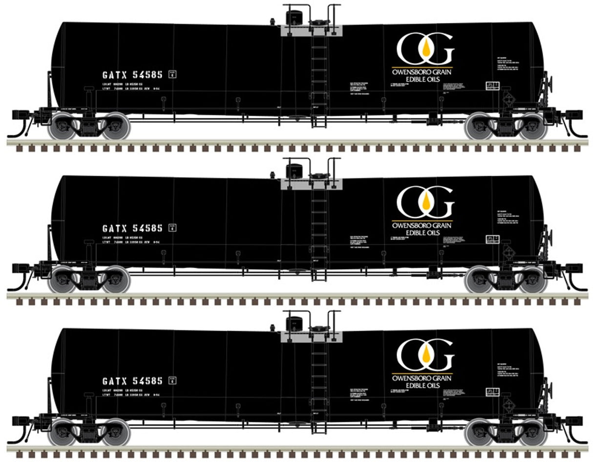 Atlas N Trinity 25,500-Gallon Tank Car 3-Pack - Ready to Run -- Owensboro Grain GATX #54562, 54575, 54596 (black, white, yellow)