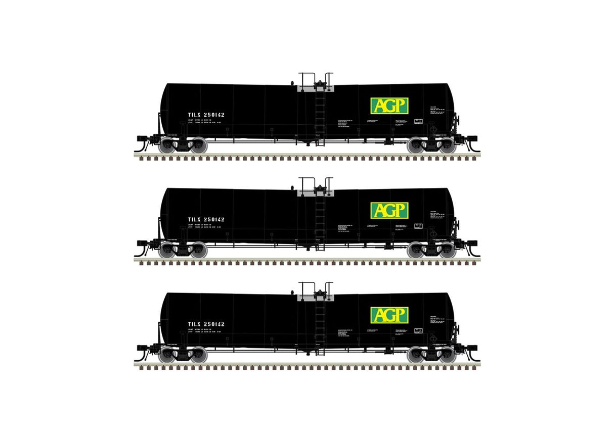 Atlas N Trinity 25,500-Gallon Tank Car 3-Pack - Ready to Run -- AGP TILX #250149, 250164, 250187 (black, green, yellow)