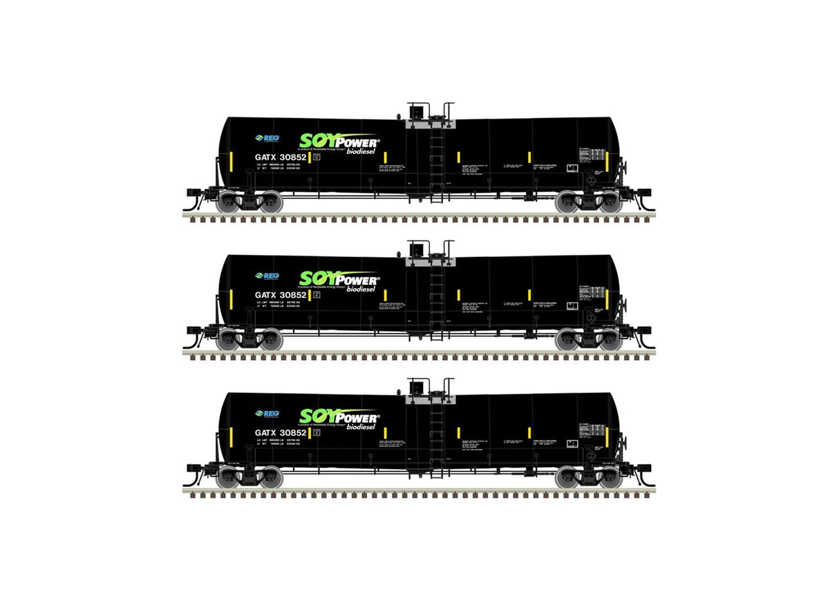 Atlas N Trinity 25,500-Gallon Tank Car 3-Pack - Ready to Run -- Soy Power Bio Fuels GATX #30839, 30844, 30852 (black, blue, green, white)
