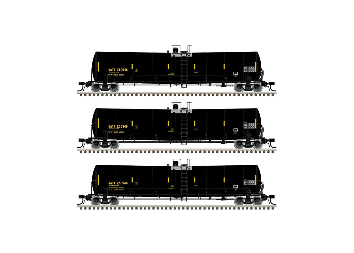 Atlas N Trinity 25,500-Gallon Tank Car 3-Pack - Ready to Run -- NATX #250951, 250972, 250986 (black, yellow UTCK repaint)