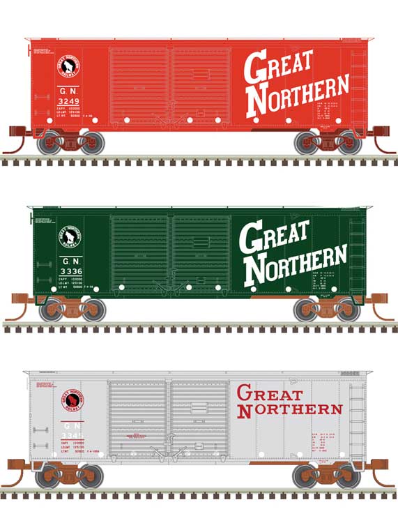 Atlas N 40' Double-Door Boxcar - Ready to Run -- Great Northern #3249, 3336, 3345 (Experimental Schemes 1 Each: red, green, gray