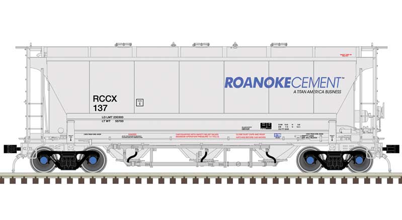 Atlas Trinity 3230 Pressure Differential PD Covered Hopper - Ready to Run Master Plu -- Roanoke Cement RCCX #133 (gray, black, blue) - ATL50006209
