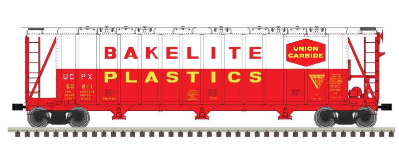 Atlas N General American 3500 Dry-Flo 3-Bay Covered Hopper - Ready to Run -- Bakelite Plastics UCPX #50211 (red, white)