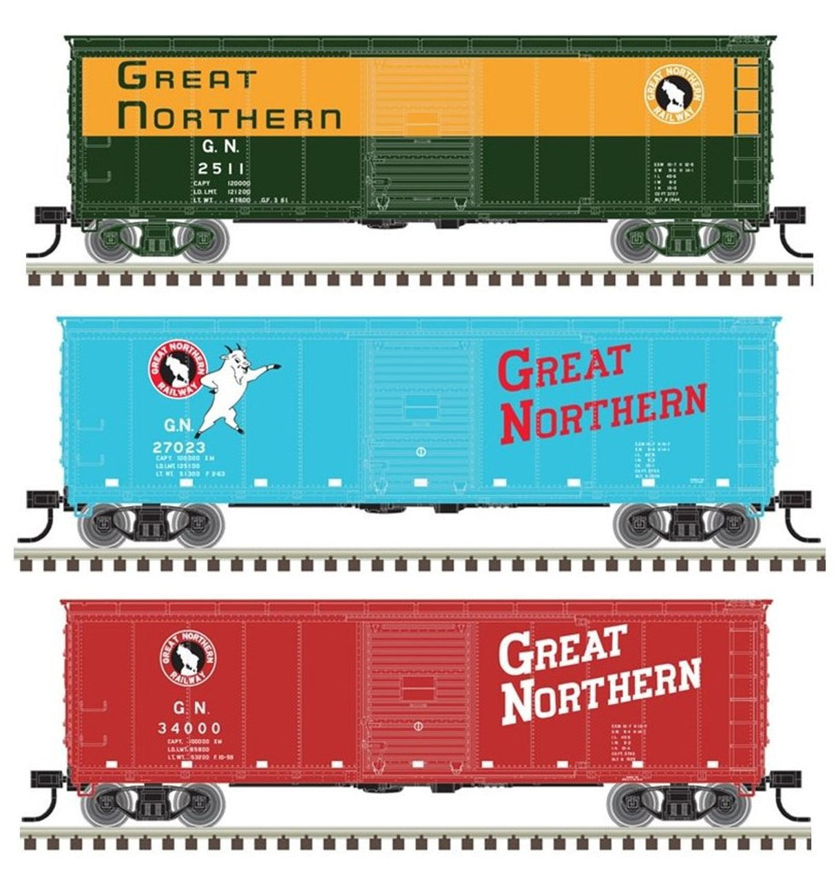 Atlas N USRA Steel Rebuilt 40' Boxcar 3-Pack - Ready to Run - Master(R) -- Great Northern #27023, 2511, 34000 (3 Schemes: red, Glacier, orange/green)