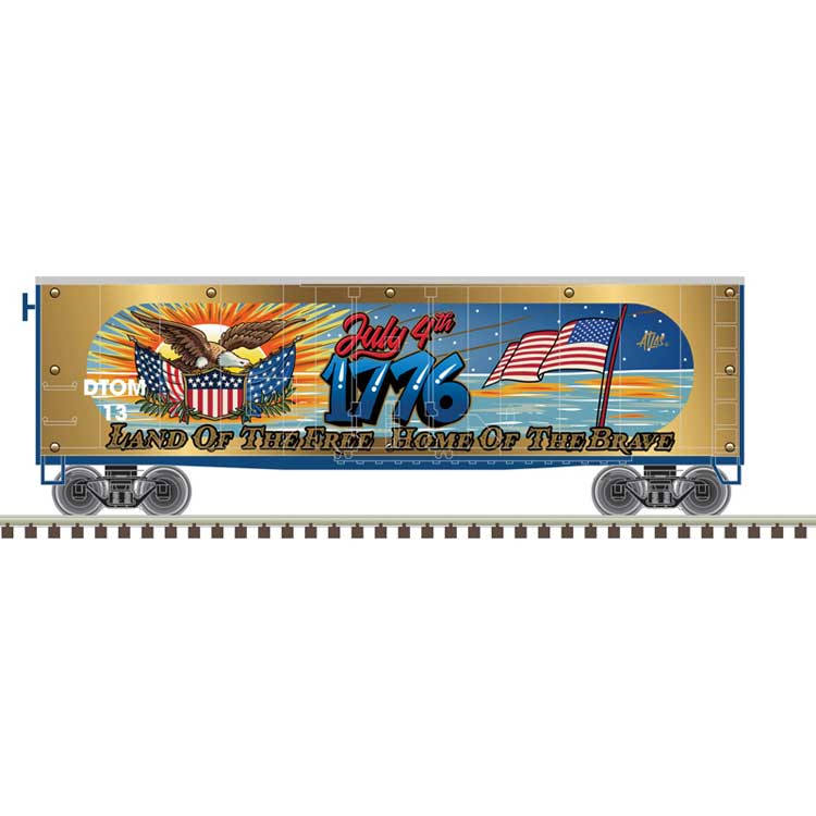 N Scale 40' Plug-Door Boxcar - Ready to Run -- 4th of July (gold, blue, silver, Holiday Graphics)