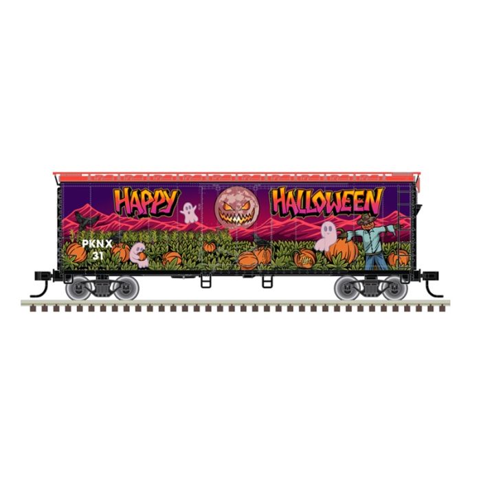 Atlas N 40' Plug-Door Boxcar - Ready to Run -- Halloween (red, black, purple green, Halloween Graphics)