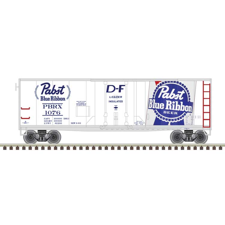 Atlas N 40' Plug-Door Boxcar - Ready to Run -- Pabst blue Ribbon #1072 (white, red, blue, silver)