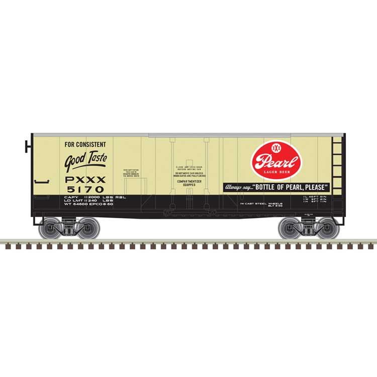 Atlas N 40' Plug-Door Boxcar - Ready to Run -- Pearl Lager #5170 (black, tan, red)